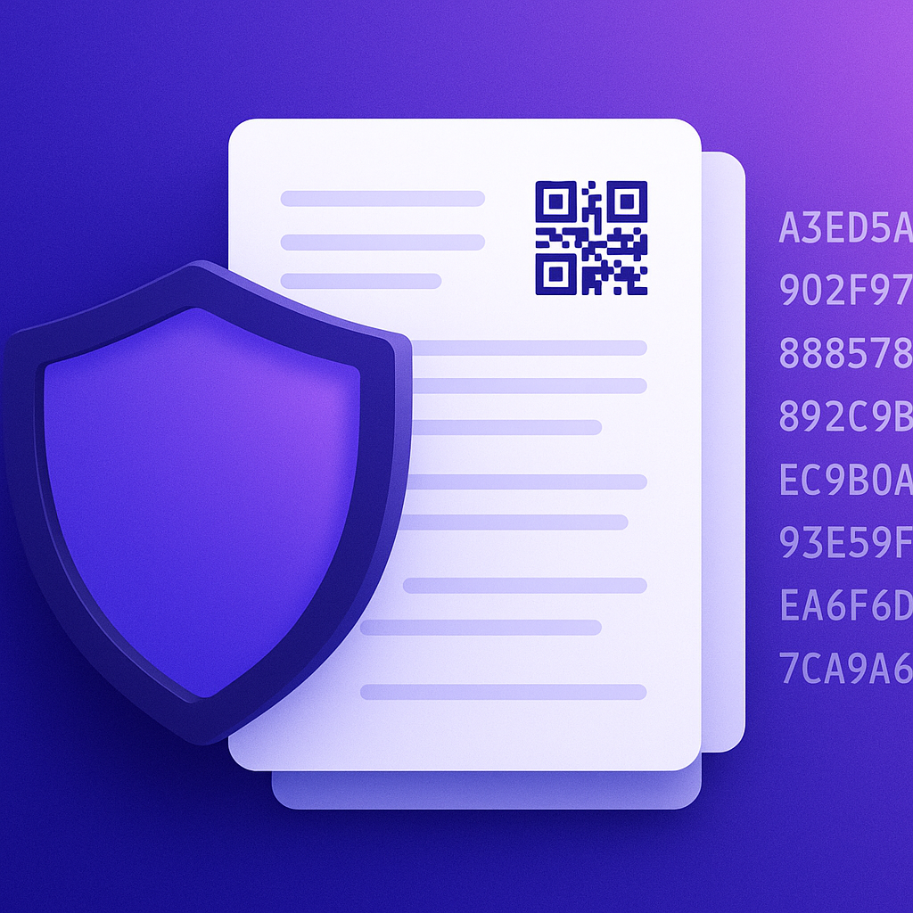 Security shield over documents with QR and hash